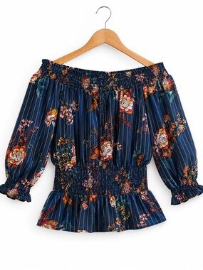 OLM Floral Stripe Smocked Peplum Blouse Top Size M